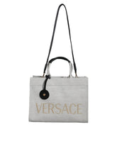 Versace White Top Handle Canvas Leather Logo Crossbody Tote Bag -  Luxury Shopper Bag for Women -  Versace.